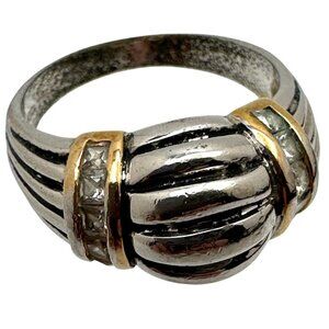 Vintage Retro Vibe Dome Cocktail Ring Striped Design CZ Stones Evening Wear Chic